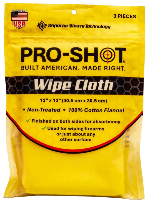Pro-Shot Non-Treated Wiping Cloths 3 Pack, made from 100% cotton flannel for cleaning guns, knives, optics and tools. Reusable and machine washable